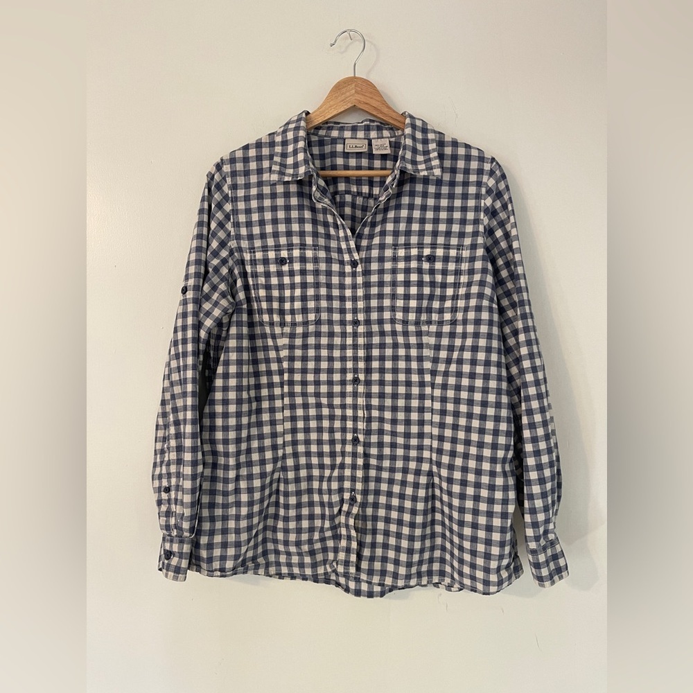 L.L Bean Vintage Women Button Up Shirt Gingham Cotton Western Blue White Size L